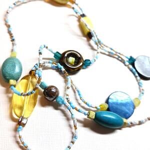 Blue Mother of Pearl Shell Glass Beaded Single Strand Necklace